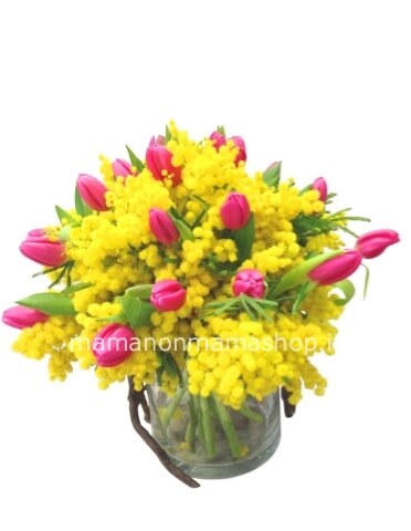 Bouquet di tulipani (colori secondo disponibilità) e mimosa small