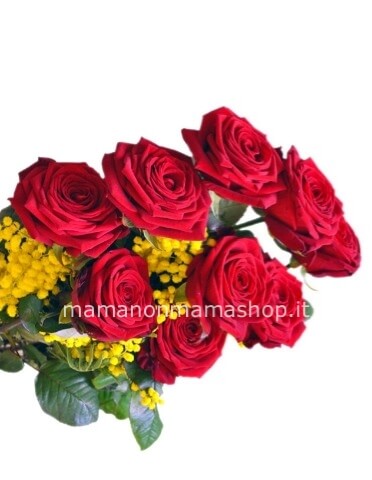 Mazzo di rose rosse a gambo lungo cm80, con mimosa